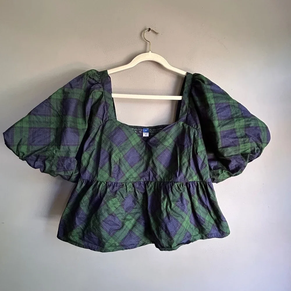 Old Navy Womens XL Green Navy Plaid‎ Puff Sleeve Smocked Peplum Blouse Top